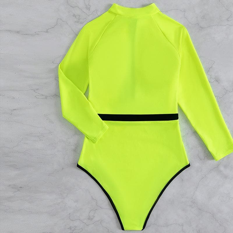Y2K Aesthetic Zip-Up Contrast Long Sleeve Belted One-Piece Swimsuit for Trendy Looks Y2K Aesthetic Zip-Up Contrast Long Sleeve Belted One-Piece Swimsuit for Trendy Looks
