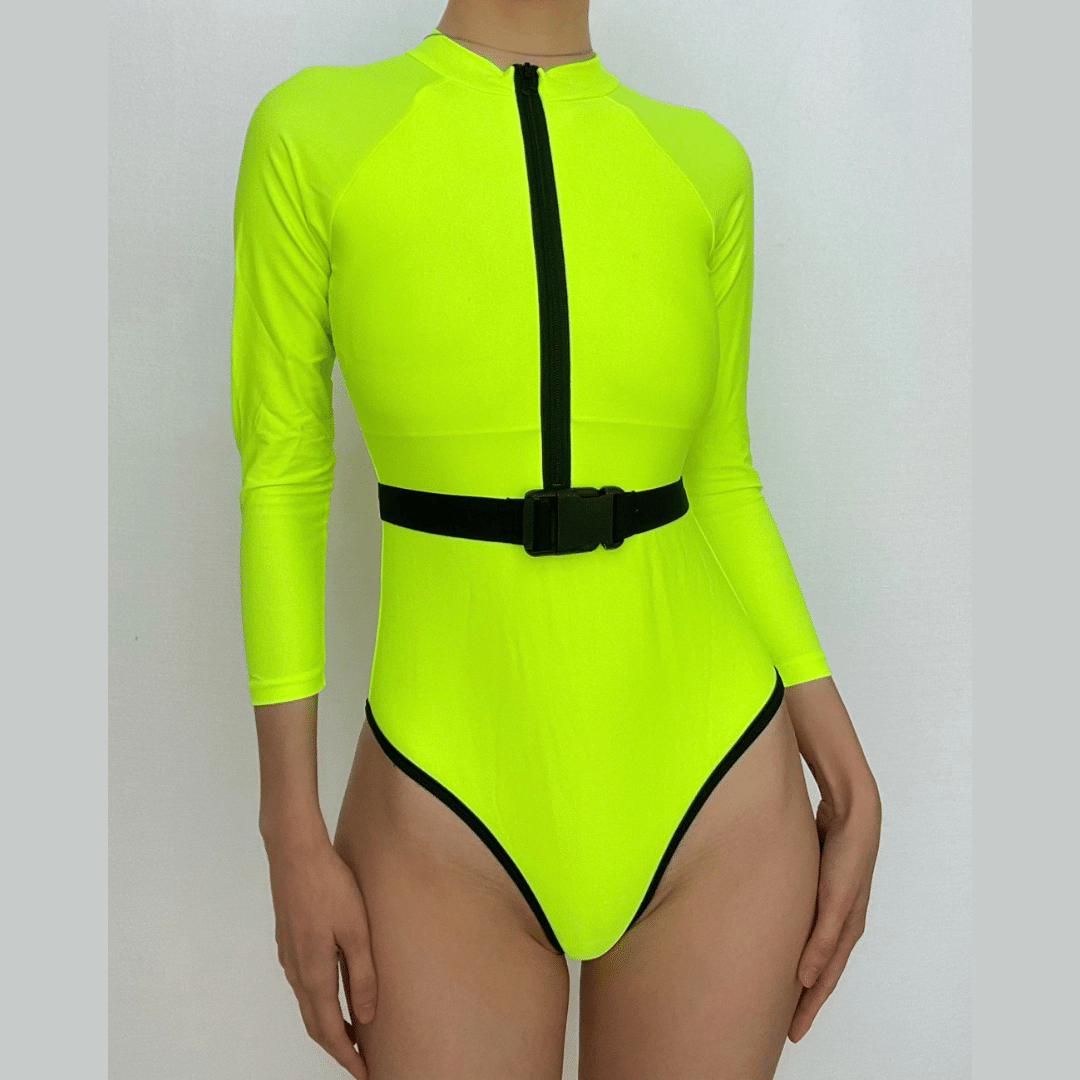 Y2K Aesthetic Zip-Up Contrast Long Sleeve Belted One-Piece Swimsuit for Trendy Looks Y2K Aesthetic Zip-Up Contrast Long Sleeve Belted One-Piece Swimsuit for Trendy Looks