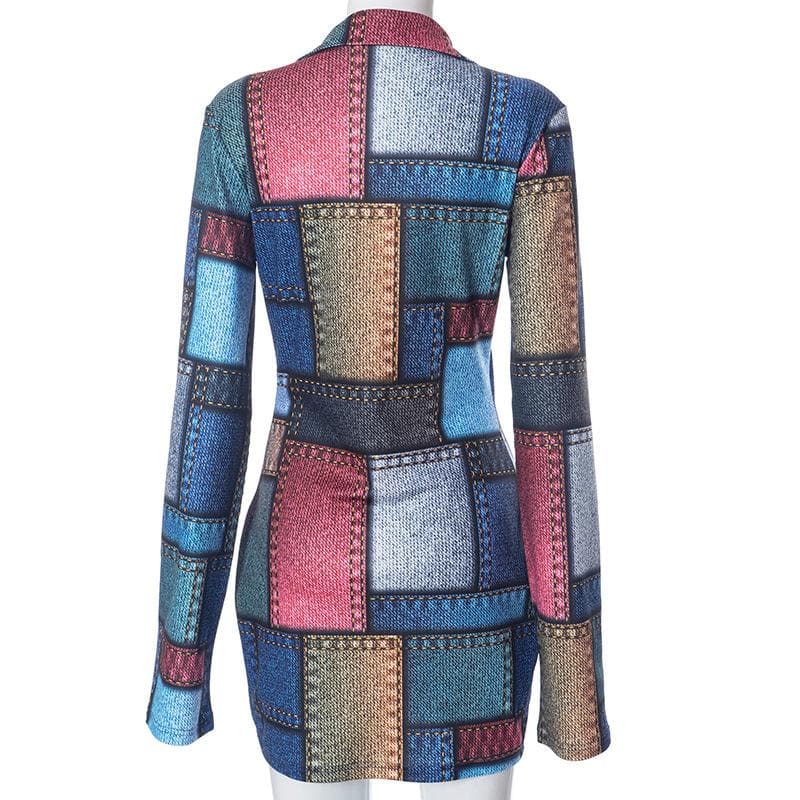 Y2K Denim Print Contrast Button Mini Dress with Turnover Collar for Trendy Aesthetic Style Y2K Denim Print Contrast Button Mini Dress with Turnover Collar for Trendy Aesthetic Style