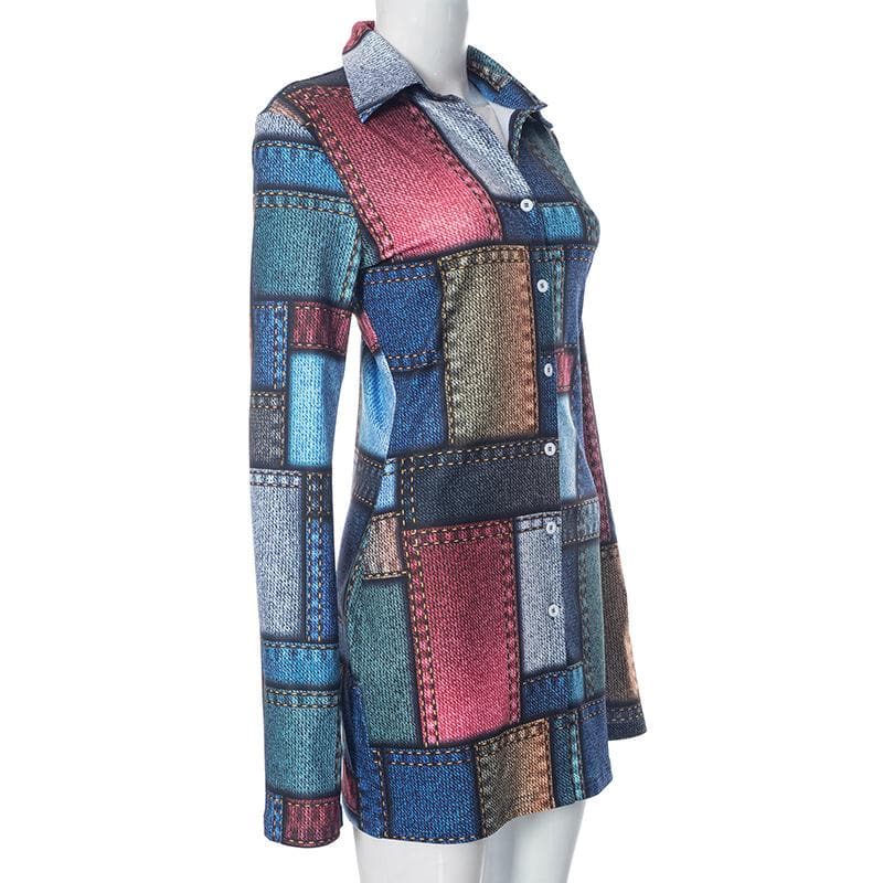 Y2K Denim Print Contrast Button Mini Dress with Turnover Collar for Trendy Aesthetic Style Y2K Denim Print Contrast Button Mini Dress with Turnover Collar for Trendy Aesthetic Style