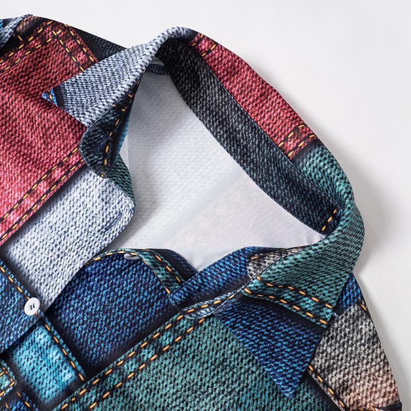 Y2K Denim Print Contrast Button Mini Dress with Turnover Collar for Trendy Aesthetic Style Y2K Denim Print Contrast Button Mini Dress with Turnover Collar for Trendy Aesthetic Style