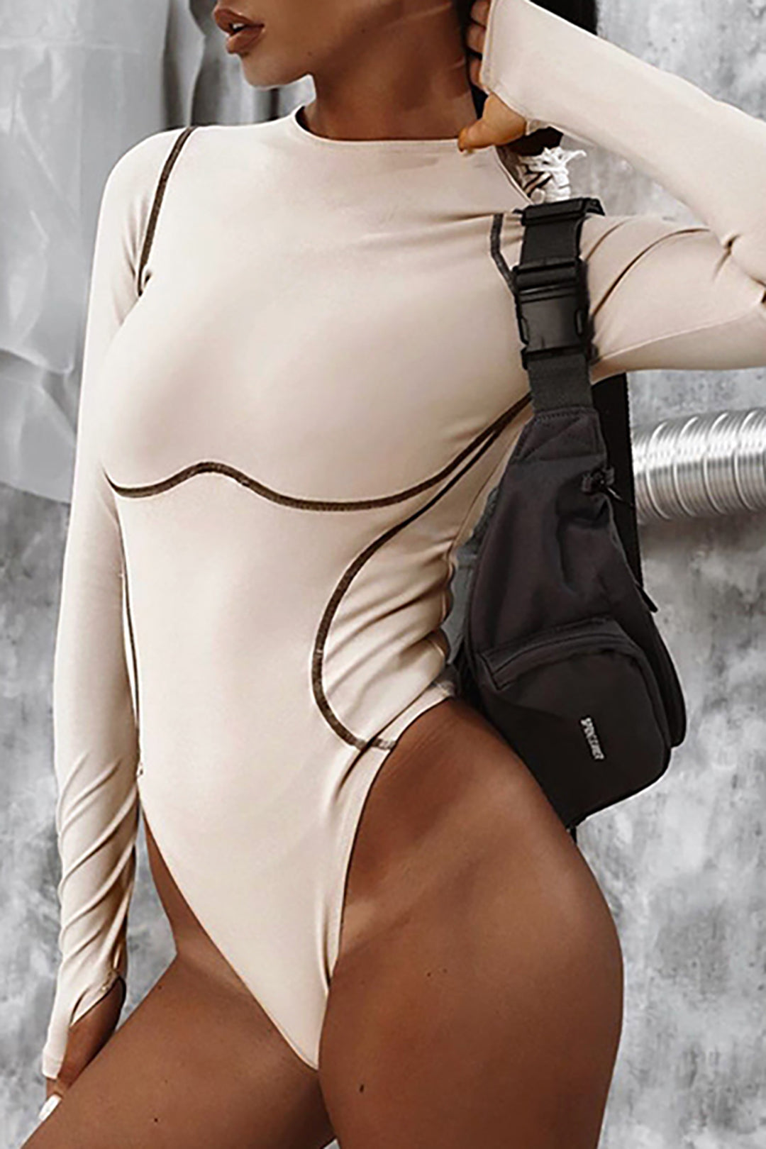 Y2K Fashion Contrast Seam Round Neck Long Sleeve Bodysuit for Aesthetic Outfits Y2K Fashion Contrast Seam Round Neck Long Sleeve Bodysuit for Aesthetic Outfits