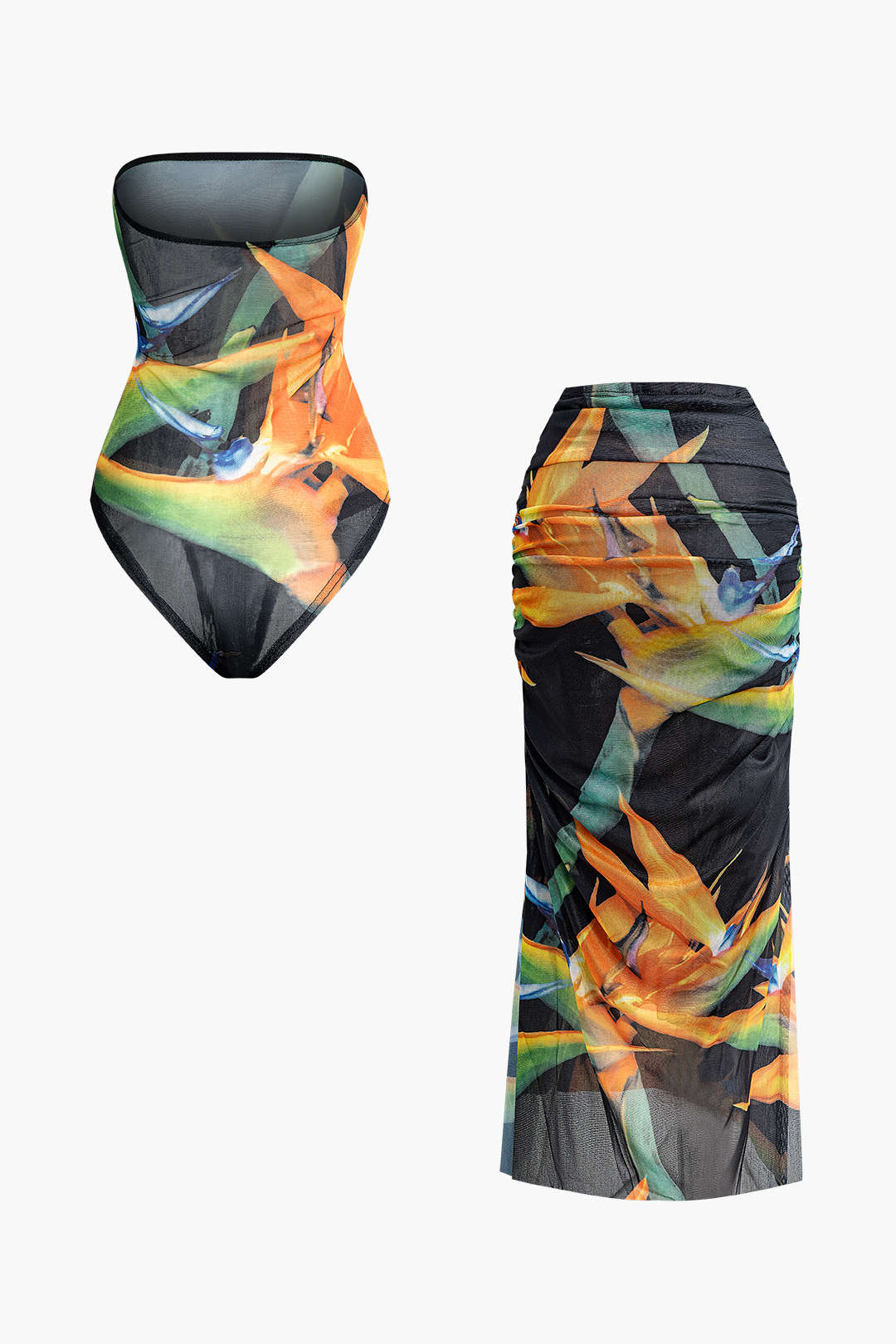 Y2K Fashion Printed Mesh Strapless Bodysuit & Ruched Split Skirt Set for Aesthetic Outfits Y2K Fashion Printed Mesh Strapless Bodysuit & Ruched Split Skirt Set for Aesthetic Outfits