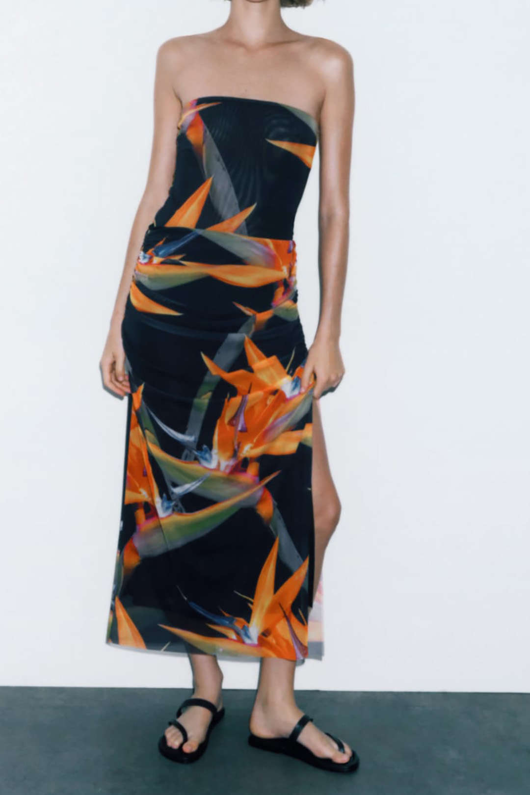 Y2K Fashion Printed Mesh Strapless Bodysuit & Ruched Split Skirt Set for Aesthetic Outfits