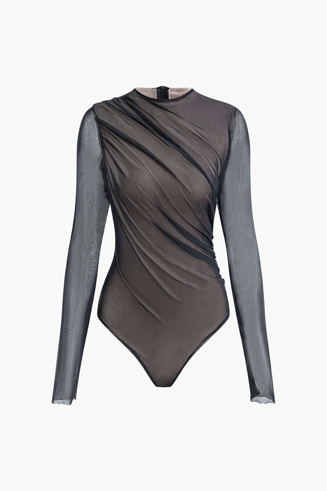 Y2K Fashion Round Neck Mesh Ruched Zipper Long Sleeve Bodysuit for Aesthetic Outfits