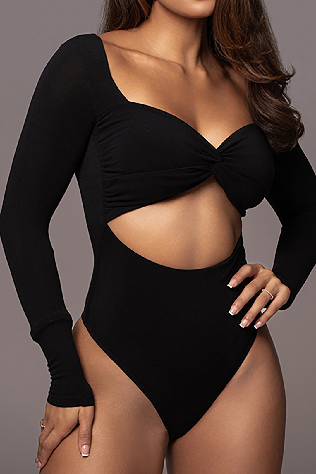 Y2K Fashion Twist Cut Out V-Neck Long Sleeve Bodysuit for Trendy Aesthetic Outfits