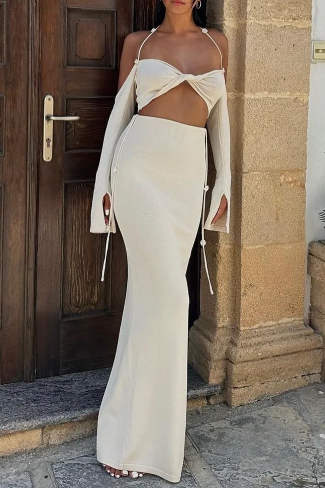 Y2K Fashion Twist Tie Halter Long Sleeve Bra Top & Maxi Skirt Set for Aesthetic Outfits Y2K Fashion Twist Tie Halter Long Sleeve Bra Top & Maxi Skirt Set for Aesthetic Outfits