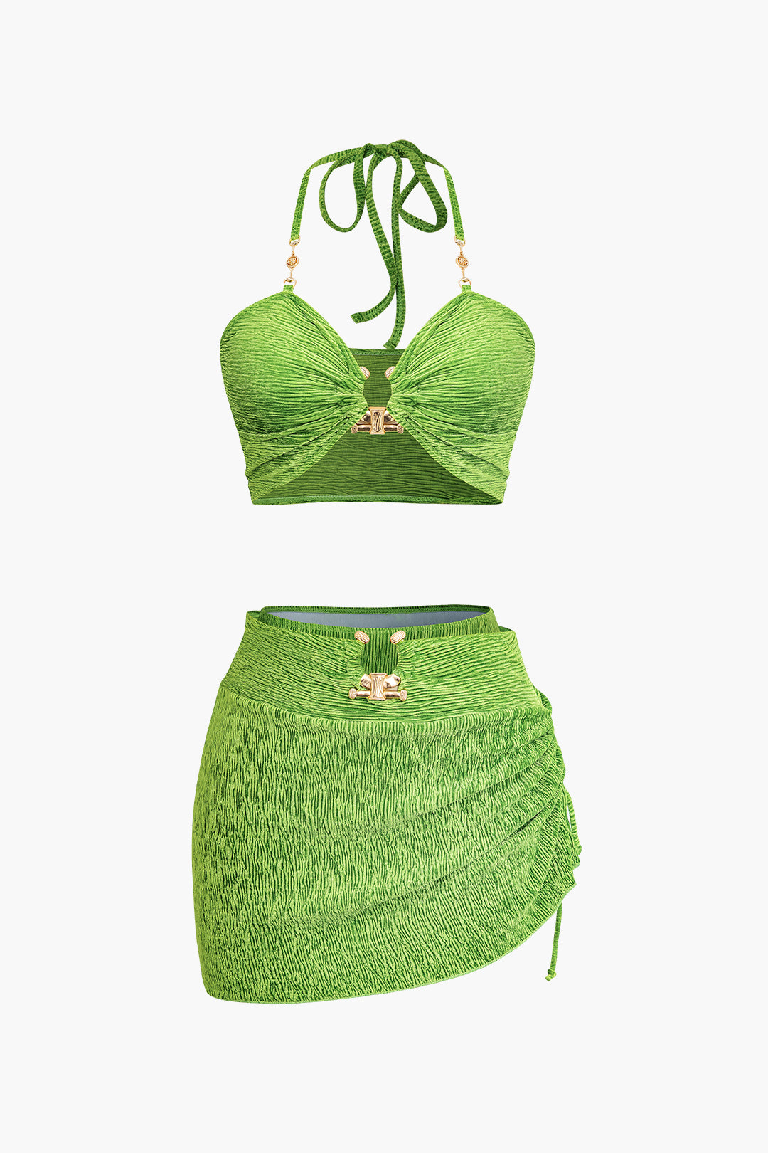 Y2K Fashion U-Ring Front Tie Halter 3-Piece Set for Trendy Aesthetic Outfits