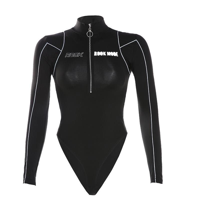 Y2K Grunge Style Zip-Up 'ROCK' Pattern High Neck Long Sleeve Bodysuit for Aesthetic Outfits Y2K Grunge Style Zip-Up 'ROCK' Pattern High Neck Long Sleeve Bodysuit for Aesthetic Outfits