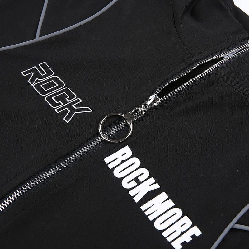 Y2K Grunge Style Zip-Up 'ROCK' Pattern High Neck Long Sleeve Bodysuit for Aesthetic Outfits Y2K Grunge Style Zip-Up 'ROCK' Pattern High Neck Long Sleeve Bodysuit for Aesthetic Outfits