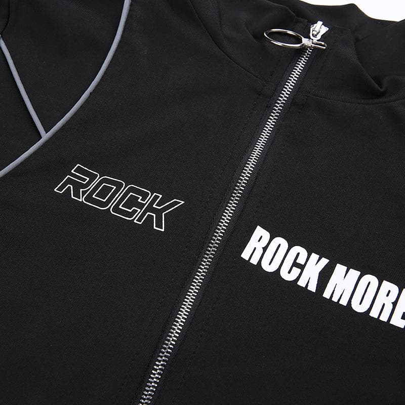 Y2K Grunge Style Zip-Up 'ROCK' Pattern High Neck Long Sleeve Bodysuit for Aesthetic Outfits Y2K Grunge Style Zip-Up 'ROCK' Pattern High Neck Long Sleeve Bodysuit for Aesthetic Outfits
