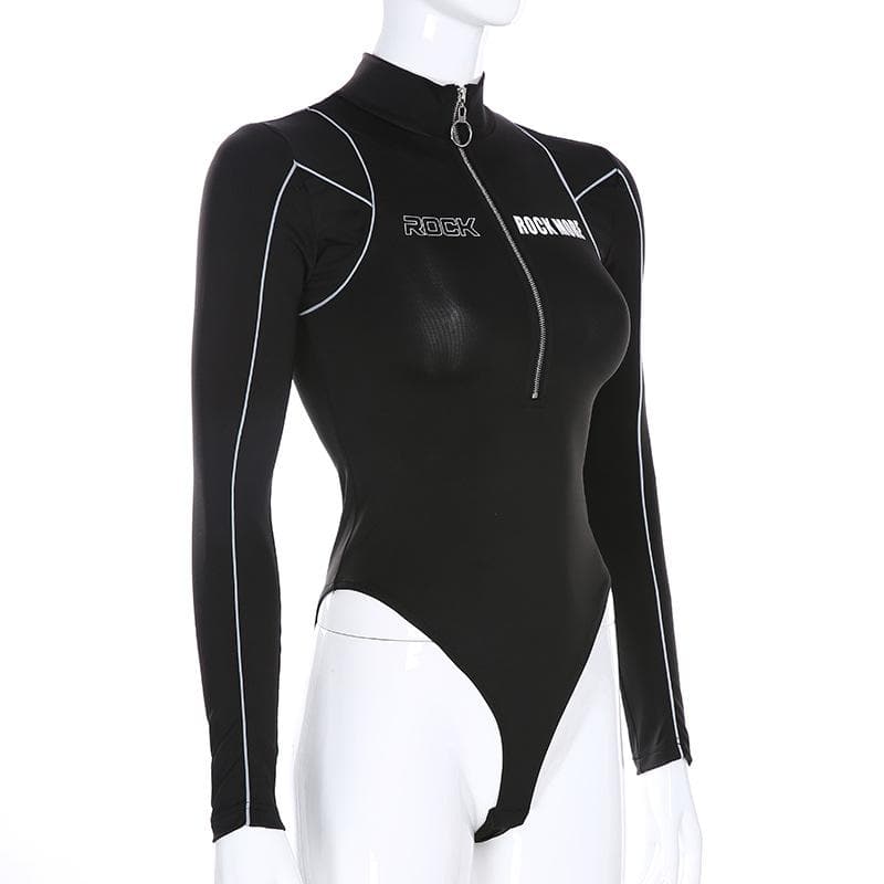 Y2K Grunge Style Zip-Up 'ROCK' Pattern High Neck Long Sleeve Bodysuit for Aesthetic Outfits Y2K Grunge Style Zip-Up 'ROCK' Pattern High Neck Long Sleeve Bodysuit for Aesthetic Outfits