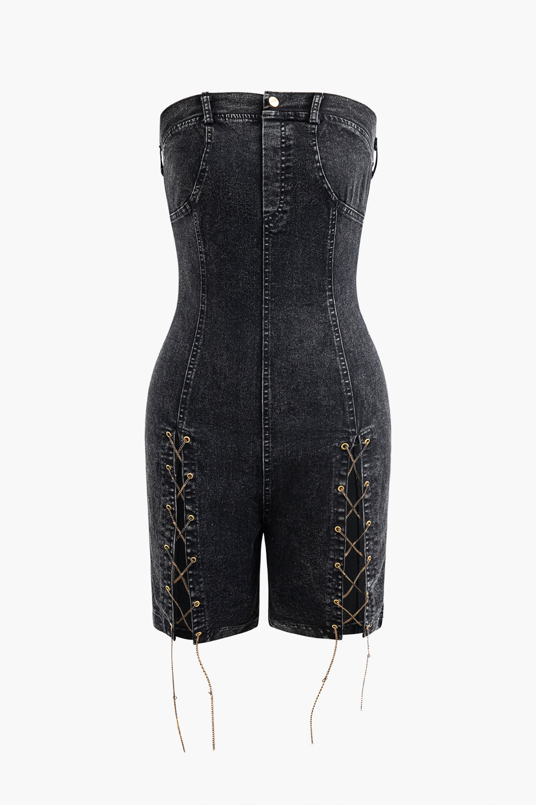 Y2K Lace-Up Denim Strapless Romper for Trendy Coquette and Grunge Aesthetic Looks