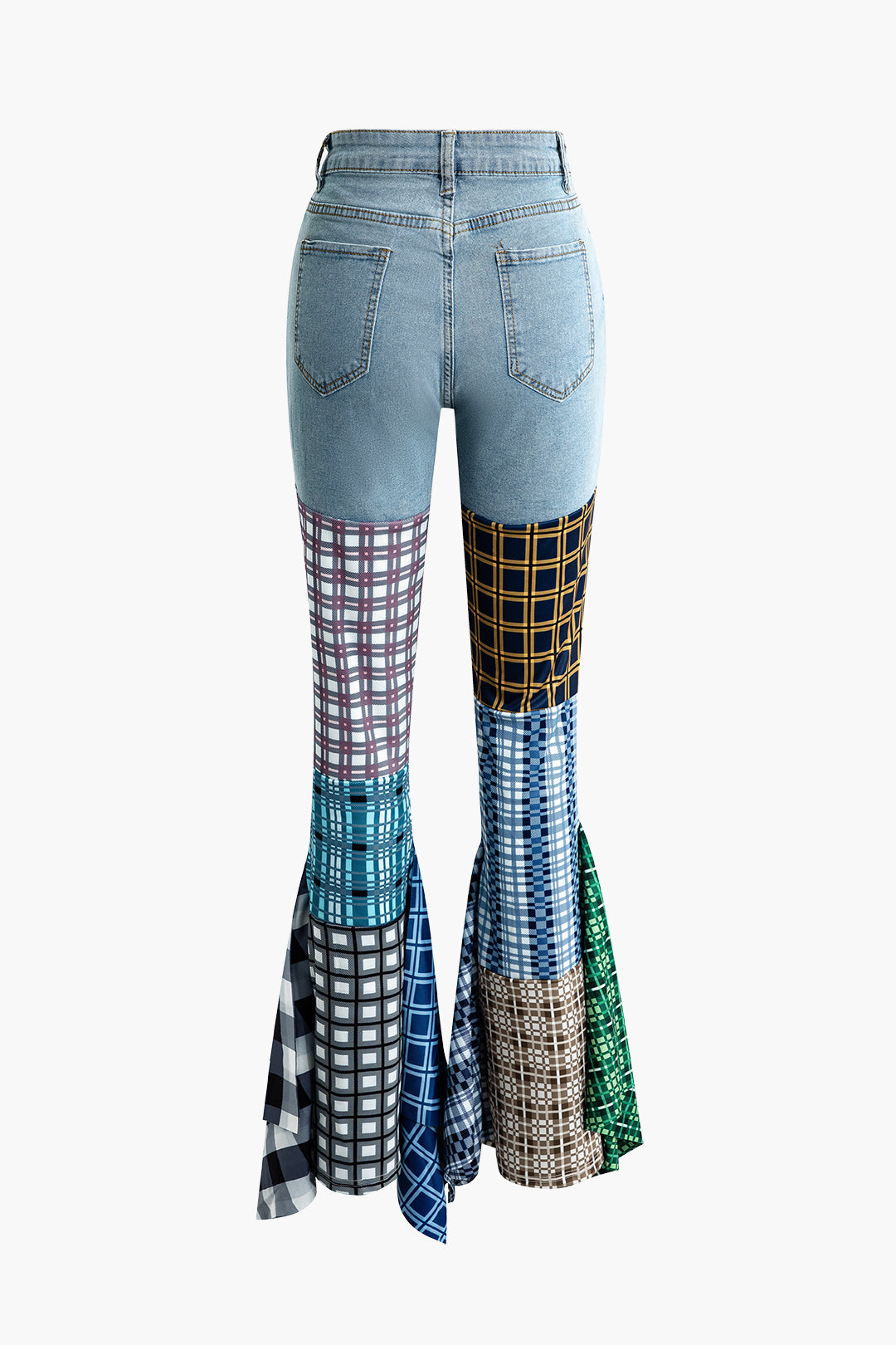 Y2K Patchwork Plaid Flare Leg Jeans for Trendy Grunge Aesthetic Outfits Y2K Patchwork Plaid Flare Leg Jeans for Trendy Grunge Aesthetic Outfits