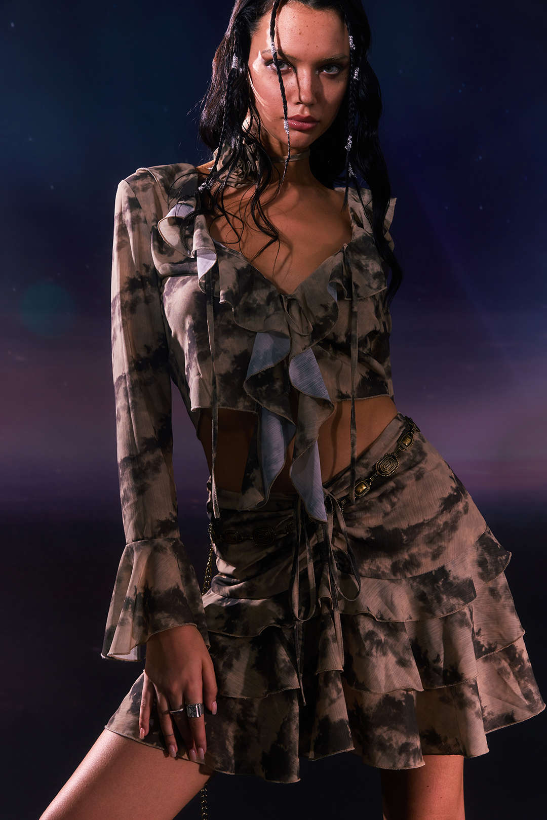 Y2K Tie Dye Flare Sleeve Ruffle Top with Rose Choker - Cute Coquette Aesthetic Style Y2K Tie Dye Flare Sleeve Ruffle Top with Rose Choker - Cute Coquette Aesthetic Style