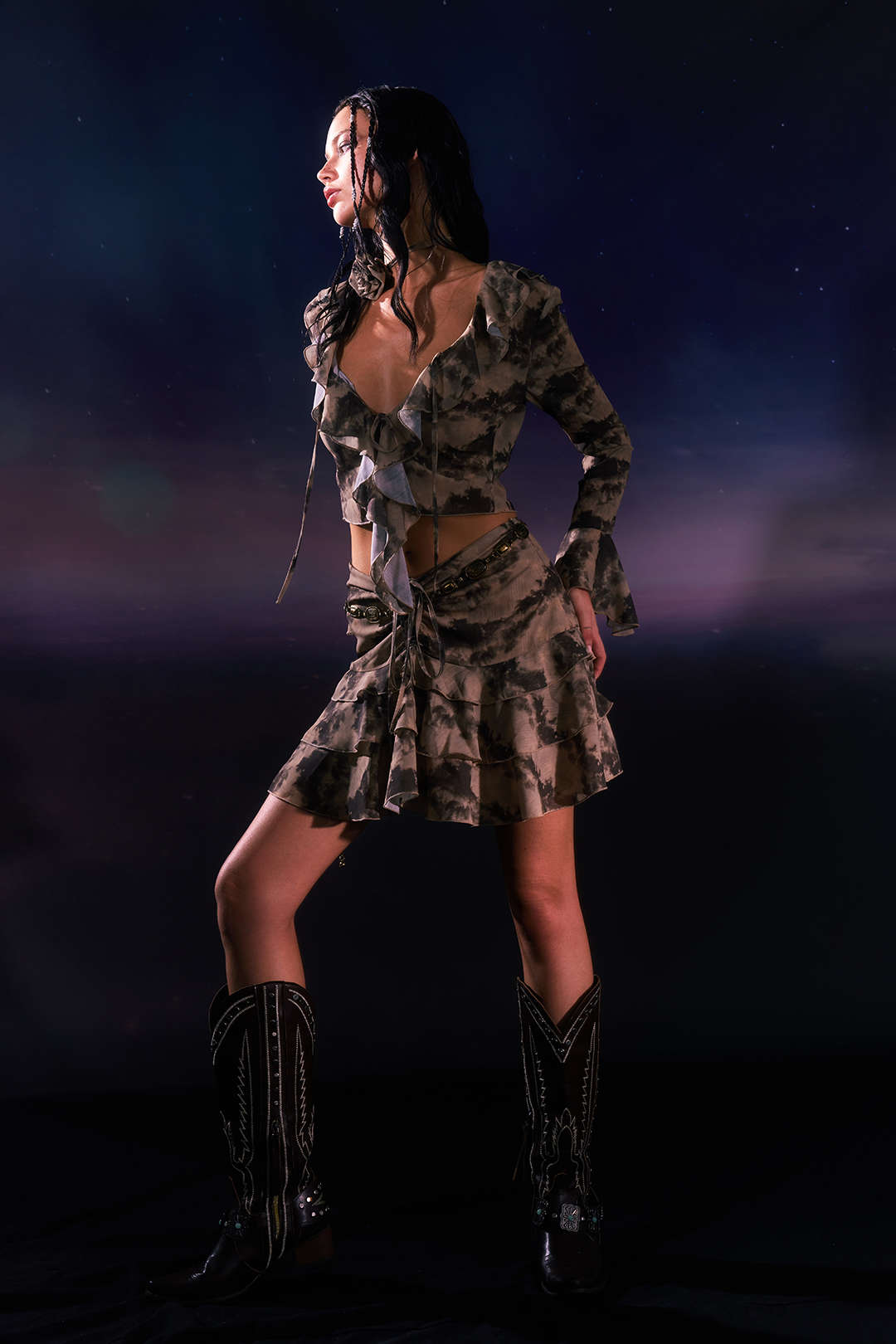 Y2K Tie Dye Flare Sleeve Ruffle Top with Rose Choker - Cute Coquette Aesthetic Style Y2K Tie Dye Flare Sleeve Ruffle Top with Rose Choker - Cute Coquette Aesthetic Style