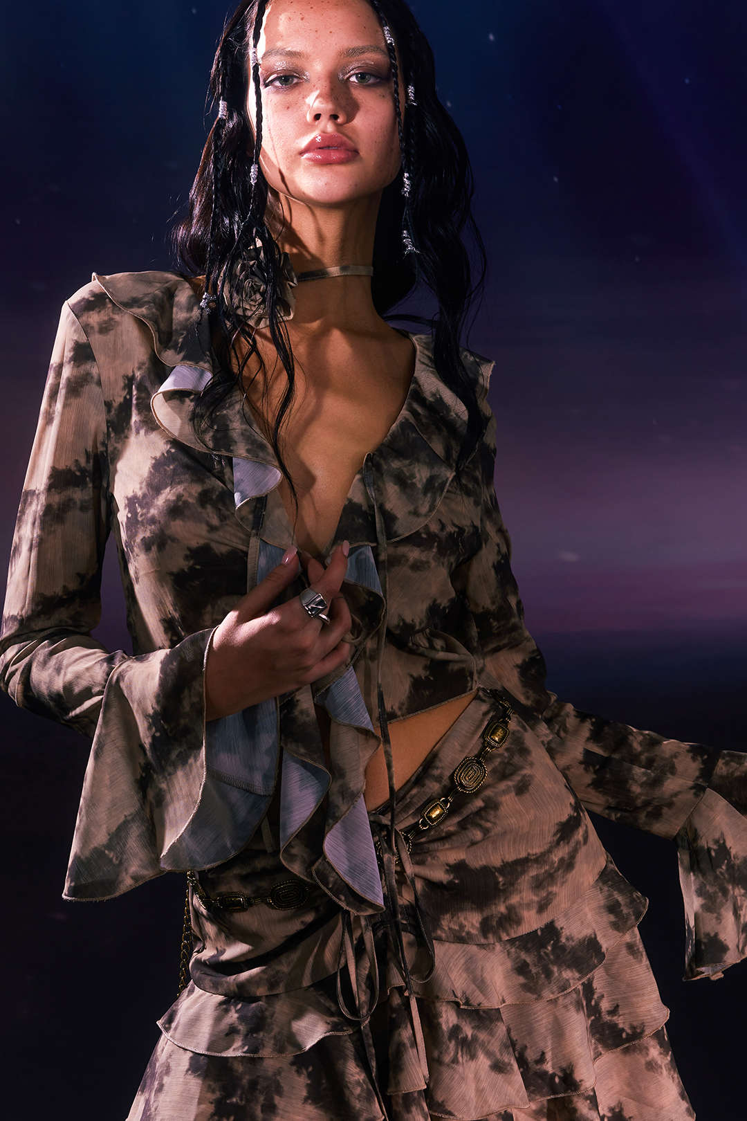 Y2K Tie Dye Flare Sleeve Ruffle Top with Rose Choker - Cute Coquette Aesthetic Style Y2K Tie Dye Flare Sleeve Ruffle Top with Rose Choker - Cute Coquette Aesthetic Style