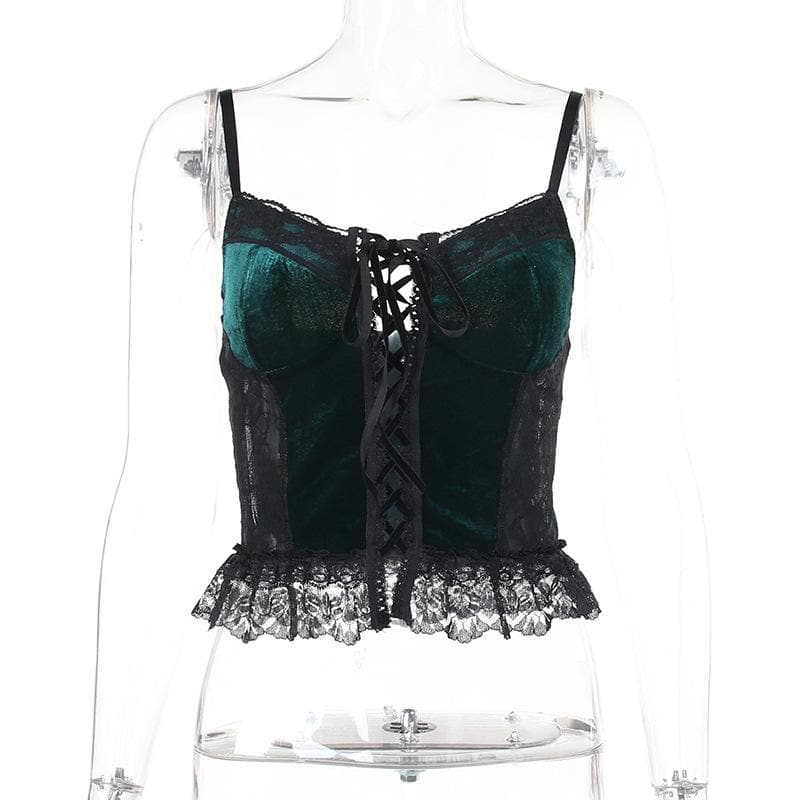 Y2K Velvet Lace Patchwork Sweetheart Neck Cami Top for Coquette Aesthetic Outfits Y2K Velvet Lace Patchwork Sweetheart Neck Cami Top for Coquette Aesthetic Outfits