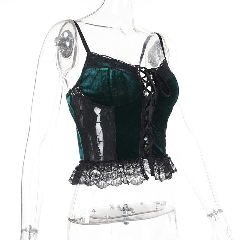 Y2K Velvet Lace Patchwork Sweetheart Neck Cami Top for Coquette Aesthetic Outfits Y2K Velvet Lace Patchwork Sweetheart Neck Cami Top for Coquette Aesthetic Outfits