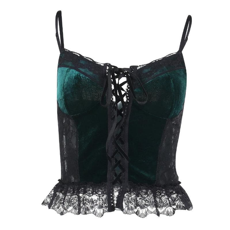 Y2K Velvet Lace Patchwork Sweetheart Neck Cami Top for Coquette Aesthetic Outfits Y2K Velvet Lace Patchwork Sweetheart Neck Cami Top for Coquette Aesthetic Outfits