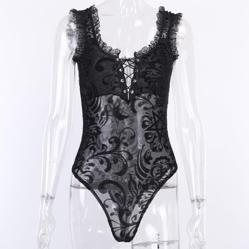 Y2K Velvet Mesh Embroidery Lace-Up U Neck Bodysuit for Coquette and Grunge Aesthetics Y2K Velvet Mesh Embroidery Lace-Up U Neck Bodysuit for Coquette and Grunge Aesthetics