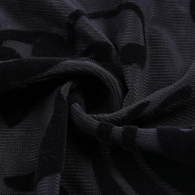 Y2K Velvet Mesh Embroidery Lace-Up U Neck Bodysuit for Coquette and Grunge Aesthetics Y2K Velvet Mesh Embroidery Lace-Up U Neck Bodysuit for Coquette and Grunge Aesthetics