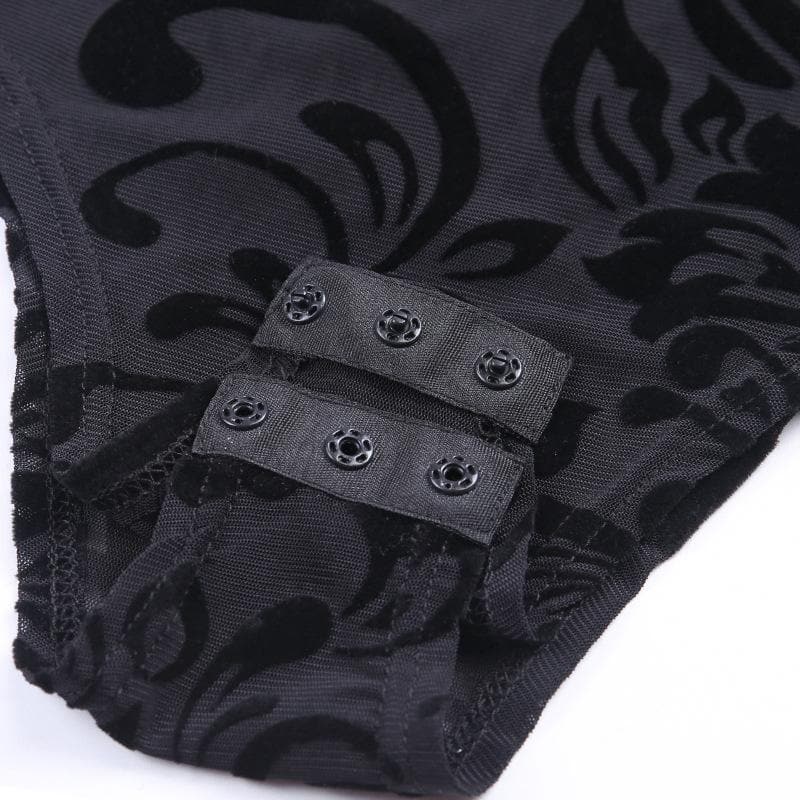 Y2K Velvet Mesh Embroidery Lace-Up U Neck Bodysuit for Coquette and Grunge Aesthetics Y2K Velvet Mesh Embroidery Lace-Up U Neck Bodysuit for Coquette and Grunge Aesthetics