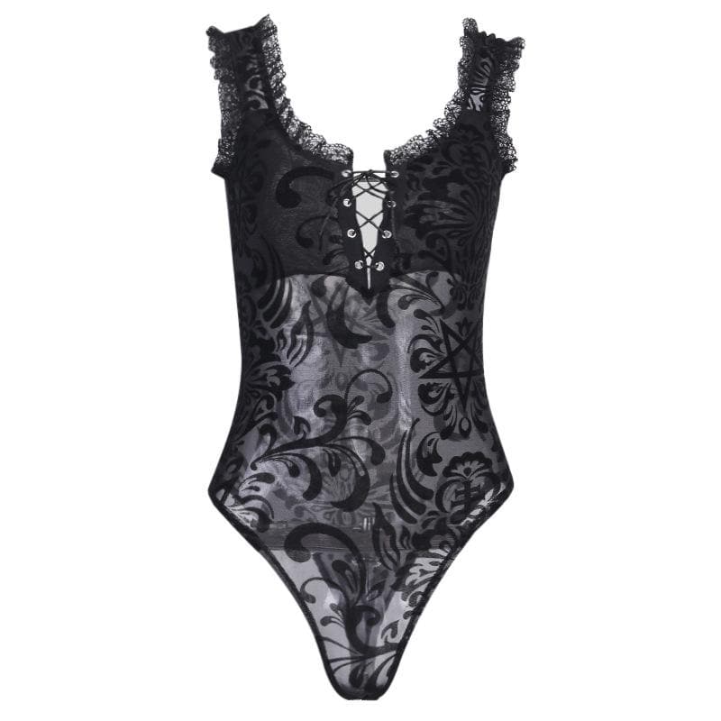 Y2K Velvet Mesh Embroidery Lace-Up U Neck Bodysuit for Coquette and Grunge Aesthetics Y2K Velvet Mesh Embroidery Lace-Up U Neck Bodysuit for Coquette and Grunge Aesthetics