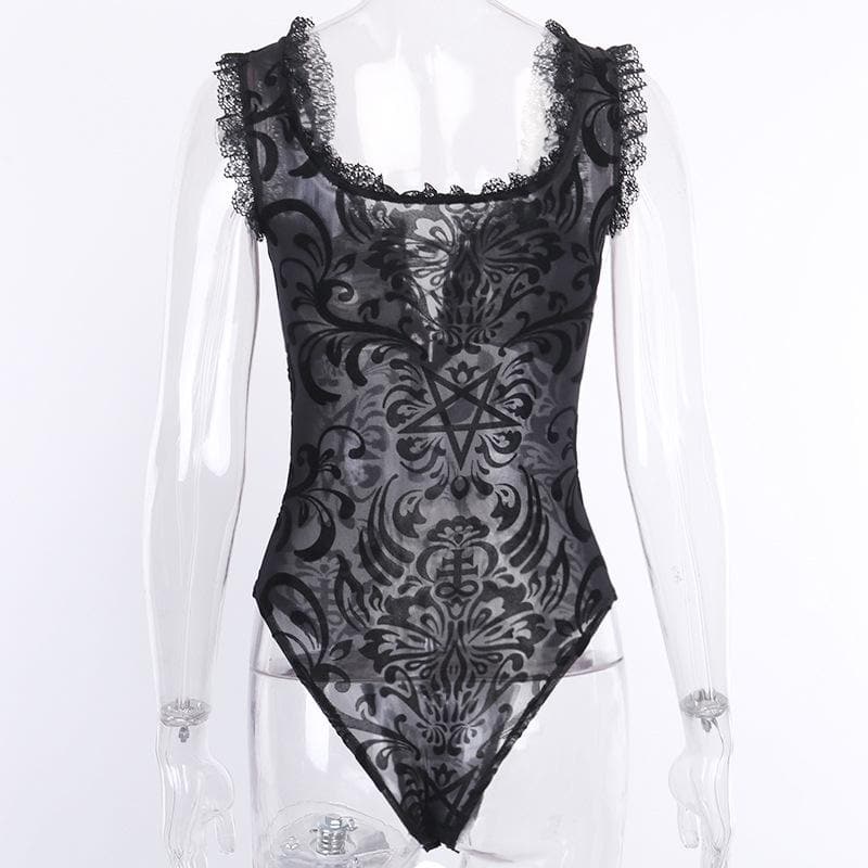 Y2K Velvet Mesh Embroidery Lace-Up U Neck Bodysuit for Coquette and Grunge Aesthetics Y2K Velvet Mesh Embroidery Lace-Up U Neck Bodysuit for Coquette and Grunge Aesthetics