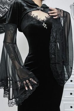 Y2K Velvet Mesh Long Flared Sleeve Button Shrug Crop Top for Aesthetic Outfits