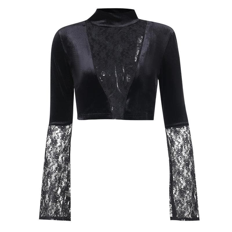 Y2K Velvet Patchwork Lace High Neck Flared Sleeve Crop Top for Coquette Aesthetic Y2K Velvet Patchwork Lace High Neck Flared Sleeve Crop Top for Coquette Aesthetic