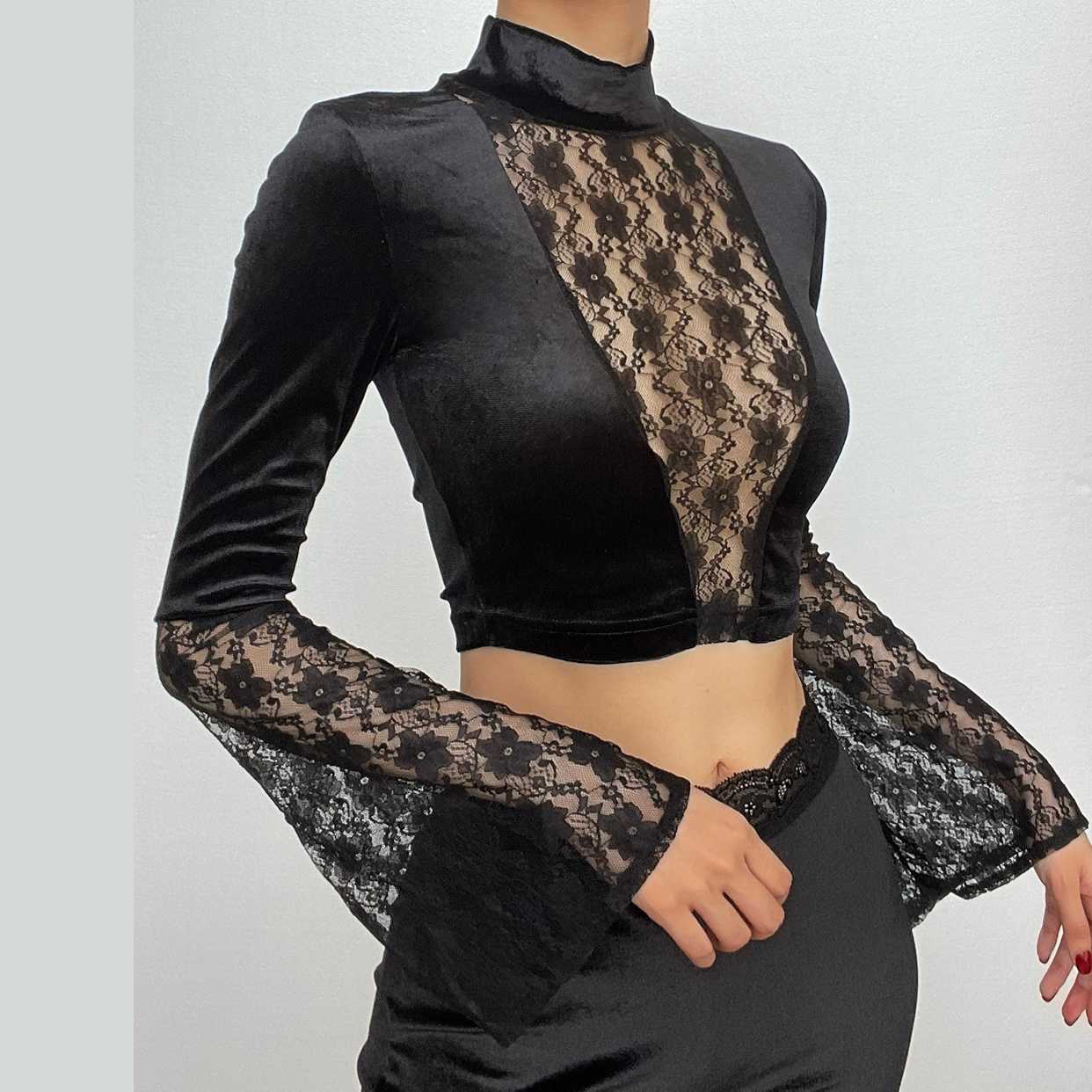 Y2K Velvet Patchwork Lace High Neck Flared Sleeve Crop Top for Coquette Aesthetic Y2K Velvet Patchwork Lace High Neck Flared Sleeve Crop Top for Coquette Aesthetic