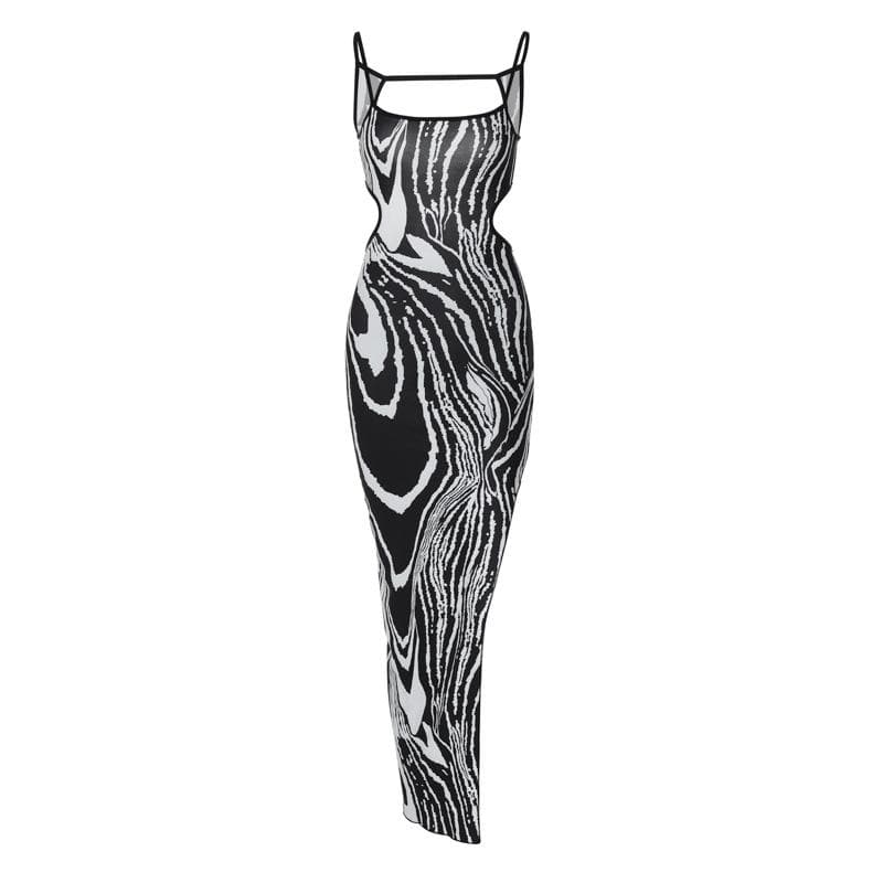 Zebra Print Contrast Backless Midi Dress with Irregular Slit - Y2K Aesthetic Fashion Zebra Print Contrast Backless Midi Dress with Irregular Slit - Y2K Aesthetic Fashion