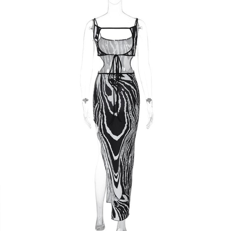 Zebra Print Contrast Backless Midi Dress with Irregular Slit - Y2K Aesthetic Fashion Zebra Print Contrast Backless Midi Dress with Irregular Slit - Y2K Aesthetic Fashion