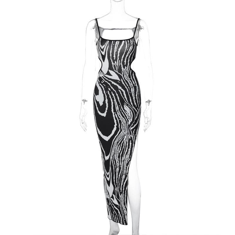 Zebra Print Contrast Backless Midi Dress with Irregular Slit - Y2K Aesthetic Fashion Zebra Print Contrast Backless Midi Dress with Irregular Slit - Y2K Aesthetic Fashion