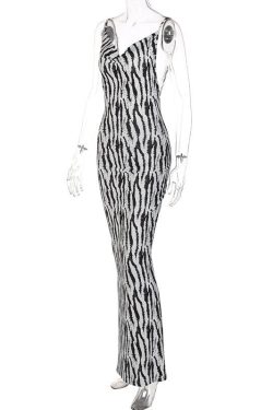 Zebra Print Cowl Neck Backless Slit Midi Dress - Y2K Fashion Statement Piece