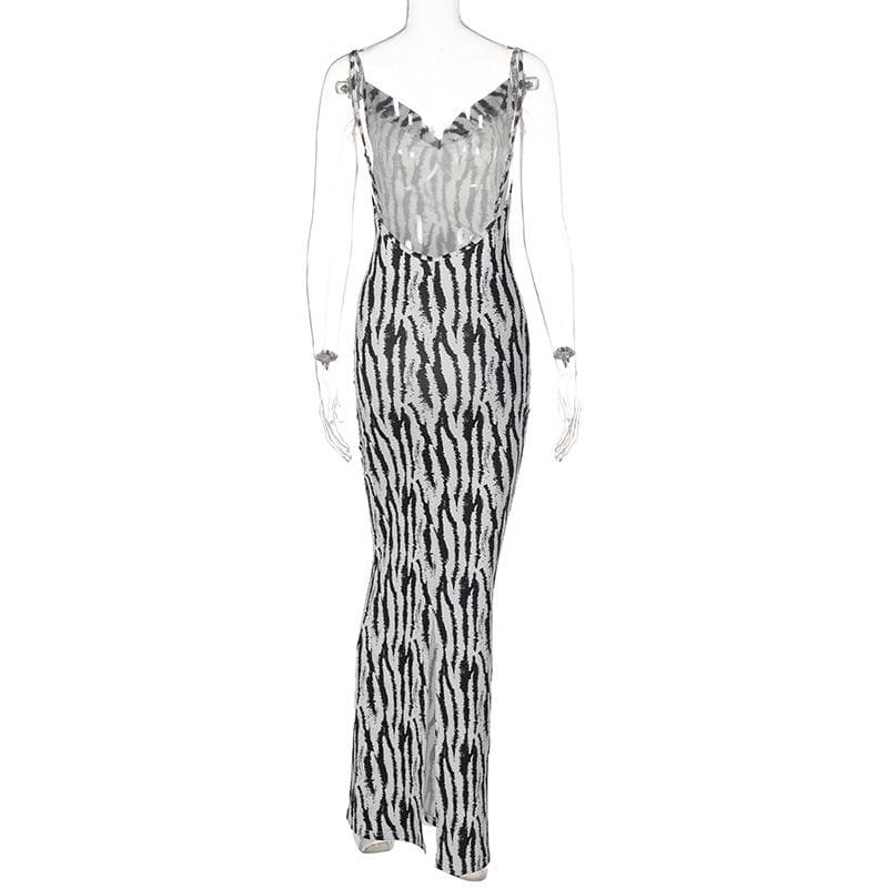 Zebra Print Cowl Neck Backless Slit Midi Dress - Y2K Fashion Statement Piece Zebra Print Cowl Neck Backless Slit Midi Dress - Y2K Fashion Statement Piece