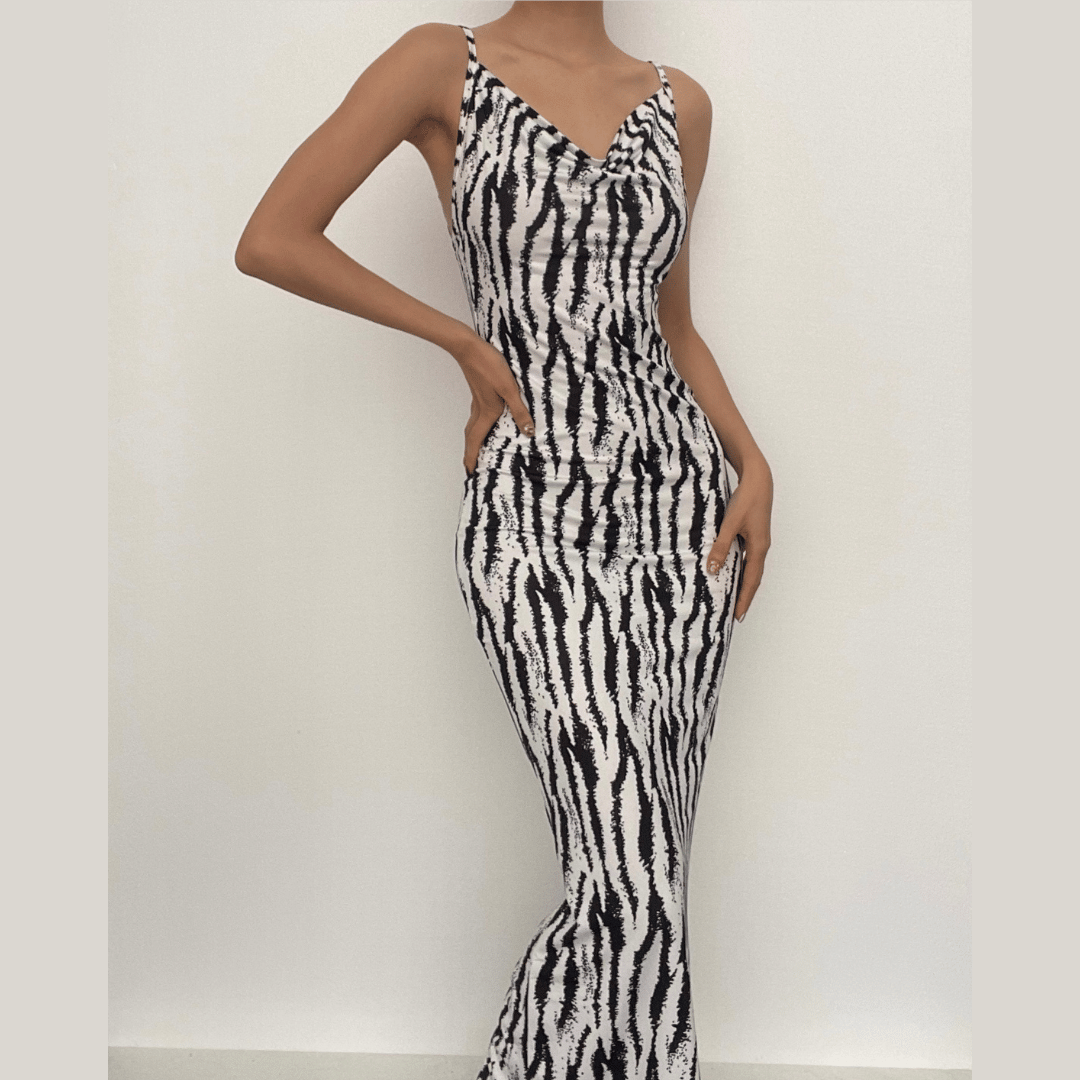 Zebra Print Cowl Neck Backless Slit Midi Dress - Y2K Fashion Statement Piece Zebra Print Cowl Neck Backless Slit Midi Dress - Y2K Fashion Statement Piece