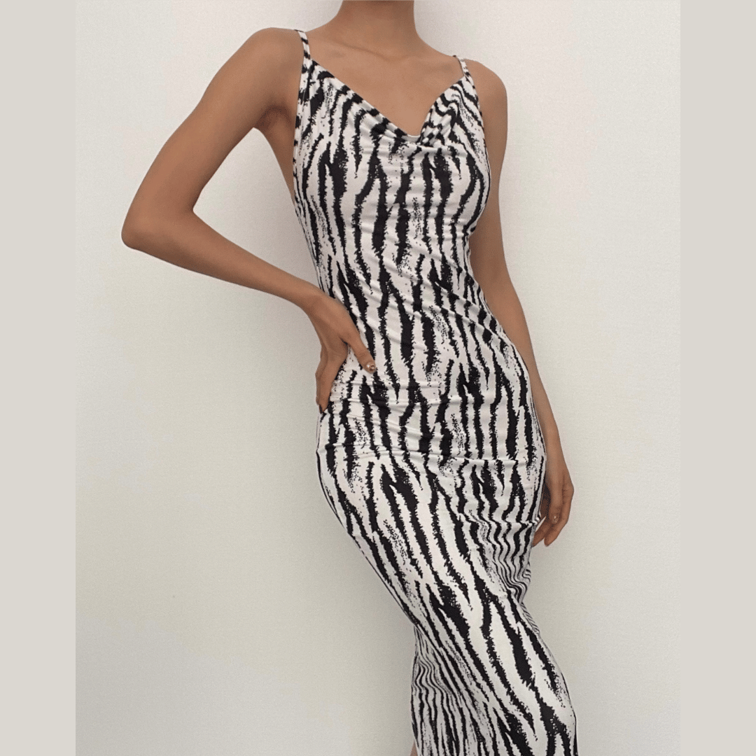 Zebra Print Cowl Neck Backless Slit Midi Dress - Y2K Fashion Statement Piece Zebra Print Cowl Neck Backless Slit Midi Dress - Y2K Fashion Statement Piece