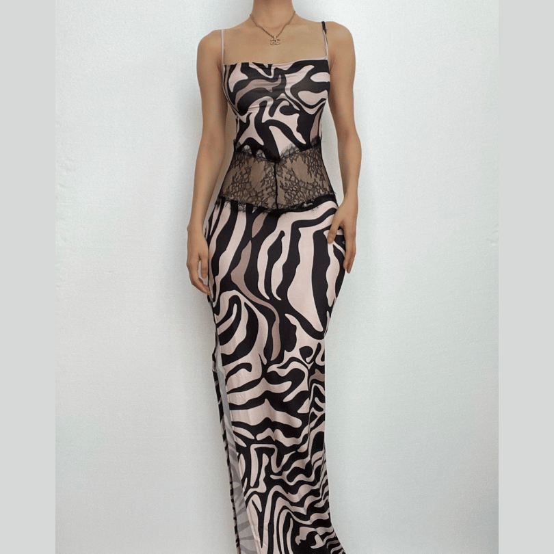 Zebra Print Hollow Out Backless Maxi Dress with Contrast Cross Back for Y2K Aesthetic Zebra Print Hollow Out Backless Maxi Dress with Contrast Cross Back for Y2K Aesthetic