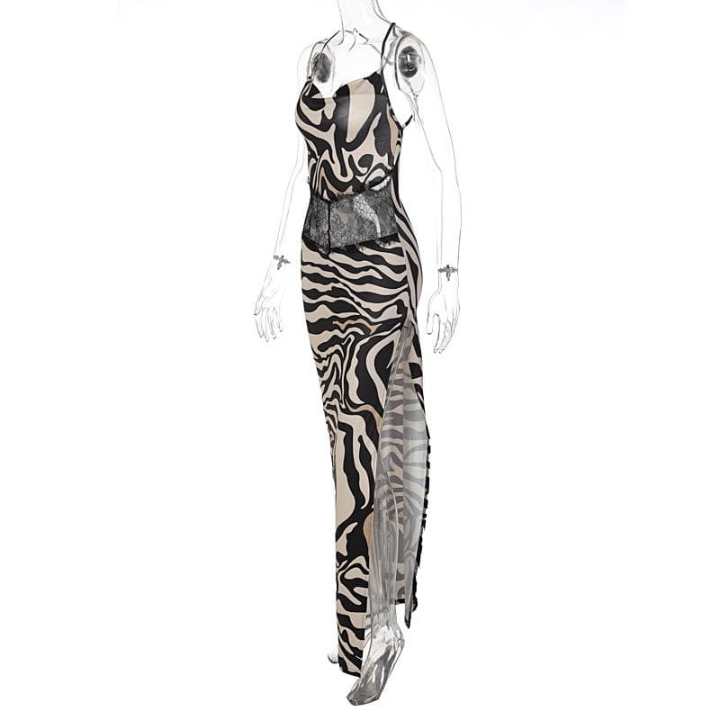 Zebra Print Hollow Out Backless Maxi Dress with Contrast Cross Back for Y2K Aesthetic Zebra Print Hollow Out Backless Maxi Dress with Contrast Cross Back for Y2K Aesthetic