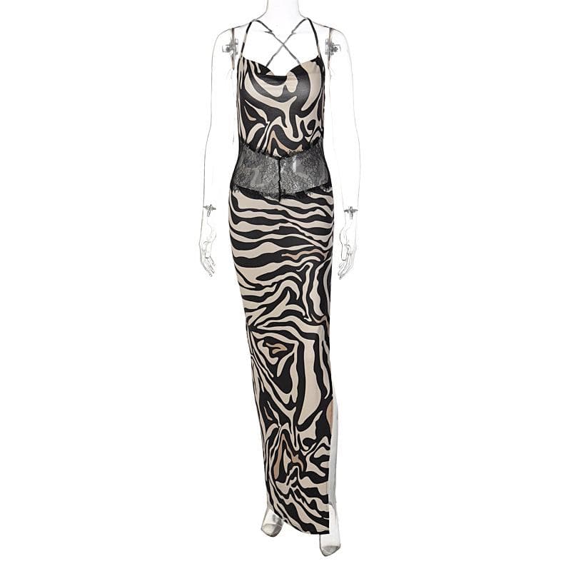 Zebra Print Hollow Out Backless Maxi Dress with Contrast Cross Back for Y2K Aesthetic Zebra Print Hollow Out Backless Maxi Dress with Contrast Cross Back for Y2K Aesthetic
