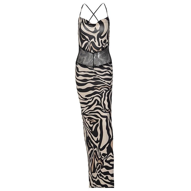 Zebra Print Hollow Out Backless Maxi Dress with Contrast Cross Back for Y2K Aesthetic Zebra Print Hollow Out Backless Maxi Dress with Contrast Cross Back for Y2K Aesthetic