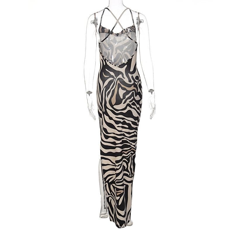Zebra Print Hollow Out Backless Maxi Dress with Contrast Cross Back for Y2K Aesthetic Zebra Print Hollow Out Backless Maxi Dress with Contrast Cross Back for Y2K Aesthetic