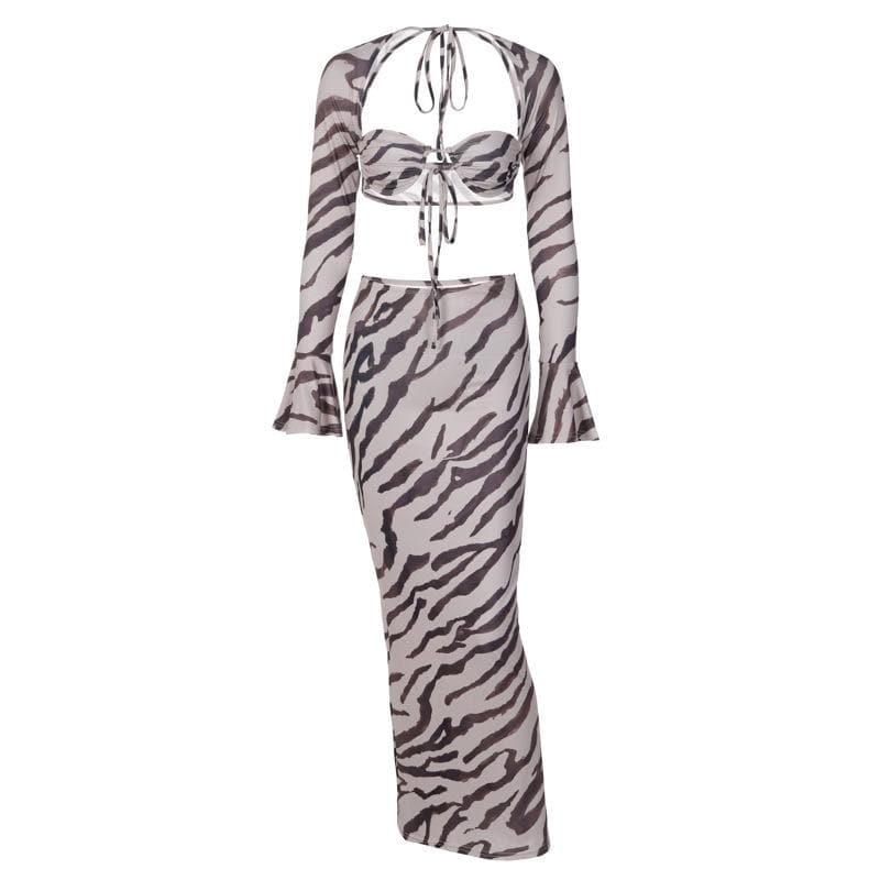 Zebra Print Low Cut Flared Sleeve Contrast Maxi Skirt Set for Y2K Fashion Lovers Zebra Print Low Cut Flared Sleeve Contrast Maxi Skirt Set for Y2K Fashion Lovers