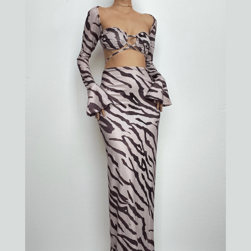 Zebra Print Low Cut Flared Sleeve Contrast Maxi Skirt Set for Y2K Fashion Lovers Zebra Print Low Cut Flared Sleeve Contrast Maxi Skirt Set for Y2K Fashion Lovers