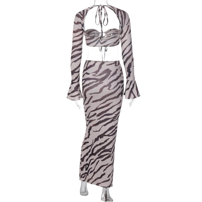Zebra Print Low Cut Flared Sleeve Contrast Maxi Skirt Set for Y2K Fashion Lovers Zebra Print Low Cut Flared Sleeve Contrast Maxi Skirt Set for Y2K Fashion Lovers