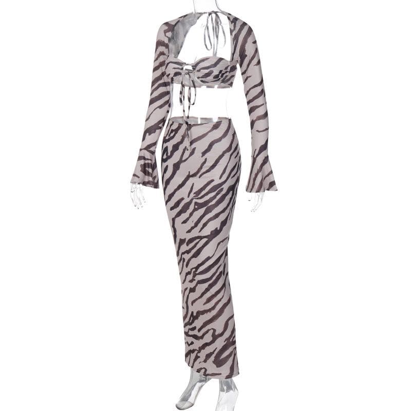 Zebra Print Low Cut Flared Sleeve Contrast Maxi Skirt Set for Y2K Fashion Lovers Zebra Print Low Cut Flared Sleeve Contrast Maxi Skirt Set for Y2K Fashion Lovers