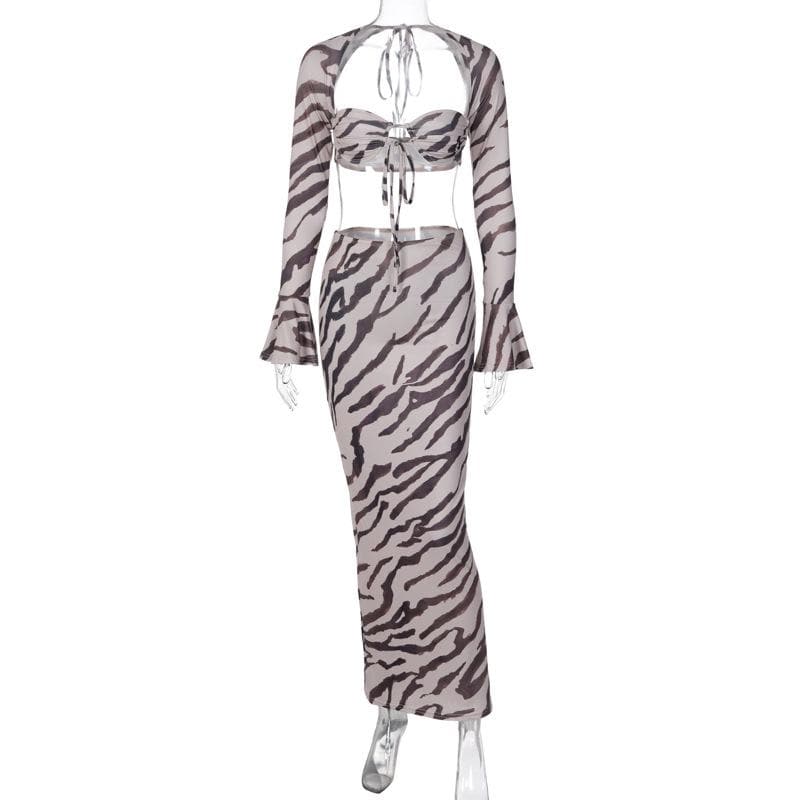 Zebra Print Low Cut Flared Sleeve Contrast Maxi Skirt Set for Y2K Fashion Lovers Zebra Print Low Cut Flared Sleeve Contrast Maxi Skirt Set for Y2K Fashion Lovers