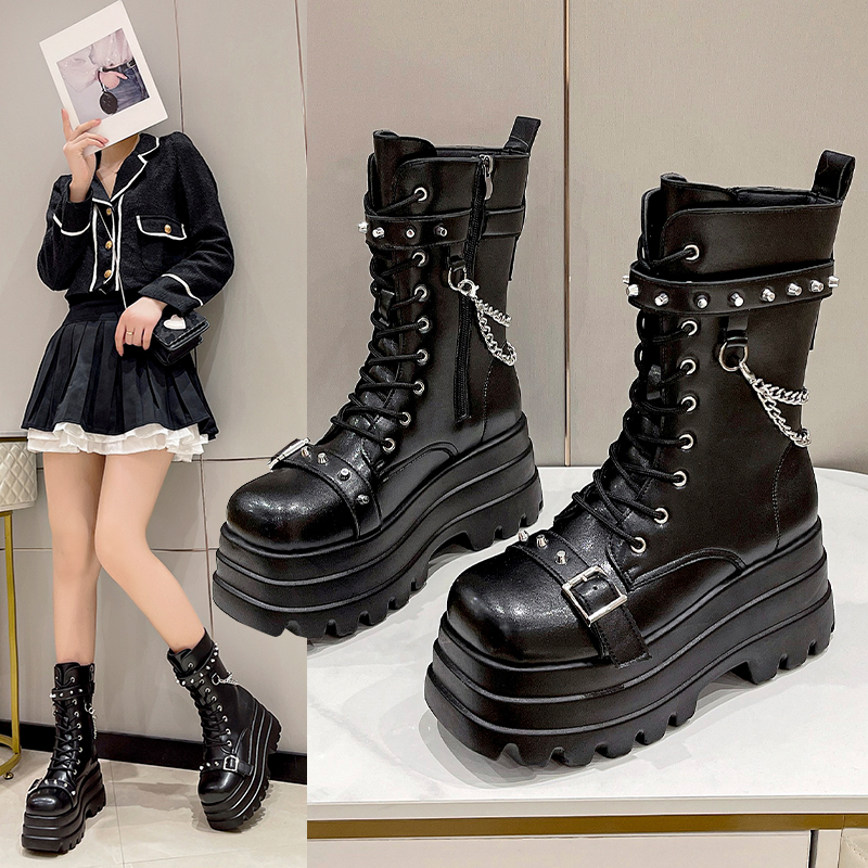 12cm Height-Increasing Thick-Soled Mid-Calf Boots for Women - Fashionable British Style Short Boots for Autumn Winter 2024 12cm Height-Increasing Thick-Soled Mid-Calf Boots for Women - Fashionable British Style Short Boots for Autumn Winter 2024